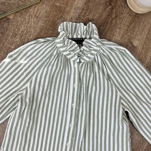 Veronica Beard Calisto Seersucker Striped Shirt Dark Sage & White - Picture 6 of 7